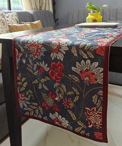 Decorative Floral Blossom Printed Denim Blue Velvet Table Runner 6 Seater Size 14" x 72"