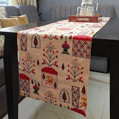 Decorative Mughal Motif Print Cream Velvet Table Runner 6 Seater Size 14" x 72"