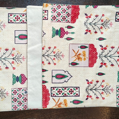 Decorative Mughal Motif Print Cream Velvet Table Runner 6 Seater Size 14" x 72"