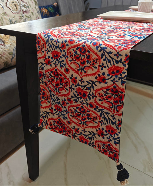 Sanganeri Allure Printed Pink And Blue Cotton Table Runner 6 Seater Size 13"X72"