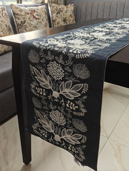 Moonlight Decorative Grey White Floral Embroidery Cotton Table Runner 6 Seater Size 14" x 72"