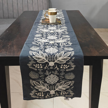 Moonlight Decorative Grey White Floral Embroidery Cotton Table Runner 6 Seater Size 14" x 72"