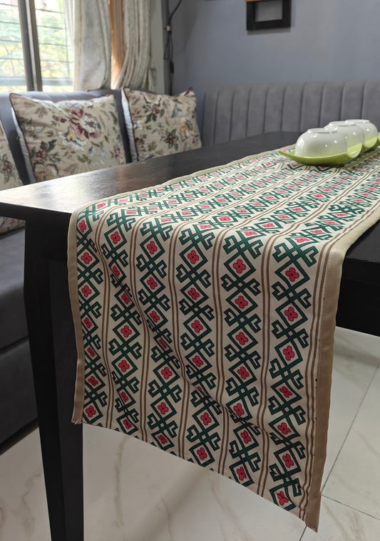 Rhythmic Ribbons Printed Cream Green Polyester Table Runner 4 Seater Size 13"x72"