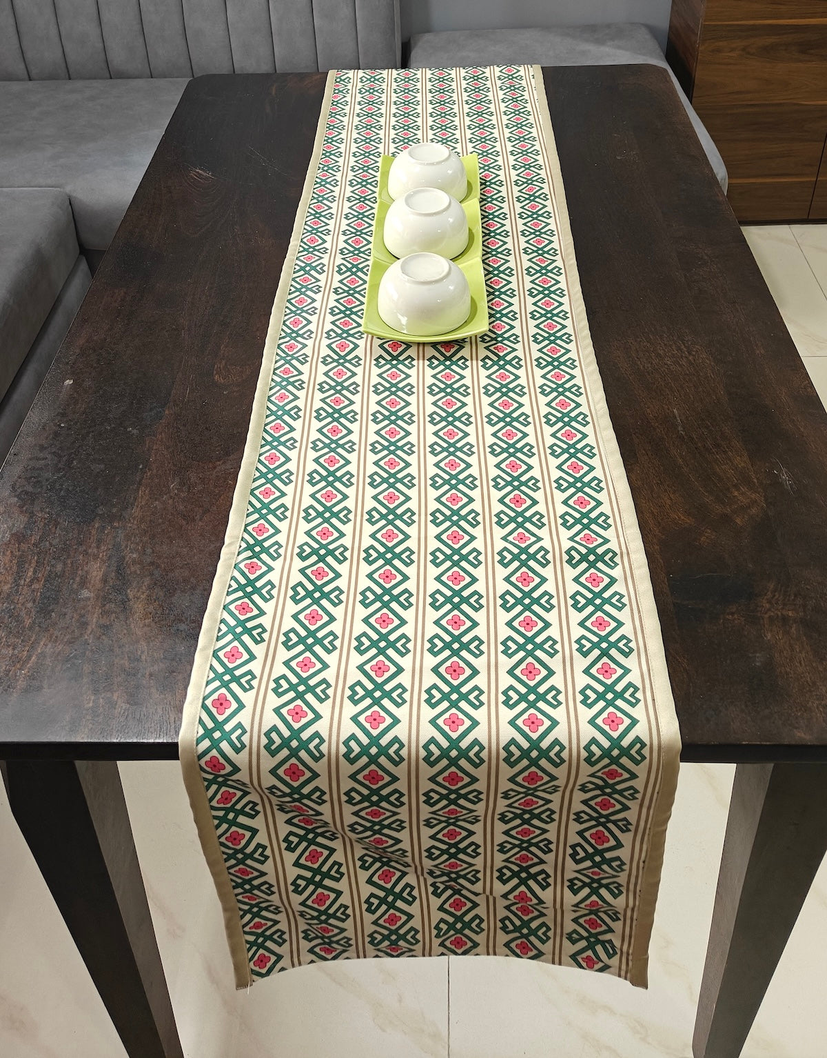 Rhythmic Ribbons Printed Cream Green Polyester Table Runner 4 Seater Size 13"x72"