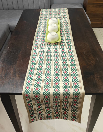 Rhythmic Ribbons Printed Cream Green Polyester Table Runner 4 Seater Size 13"x72"