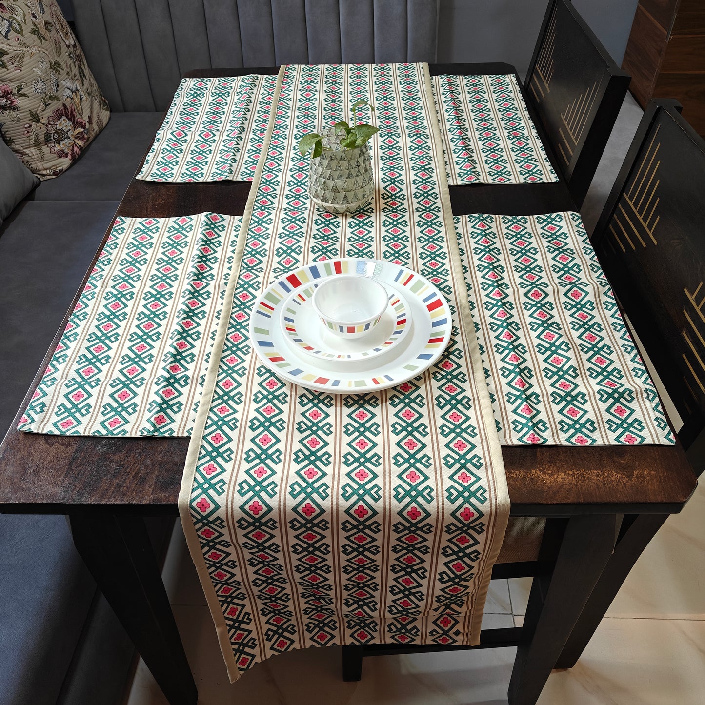 Rhythmic Ribbons Printed Cream Green Polyester Table Runner 4 Seater Size 13"x72"
