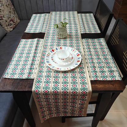 Rhythmic Ribbons Printed Cream Green Polyester Table Runner 4 Seater Size 13"x72"