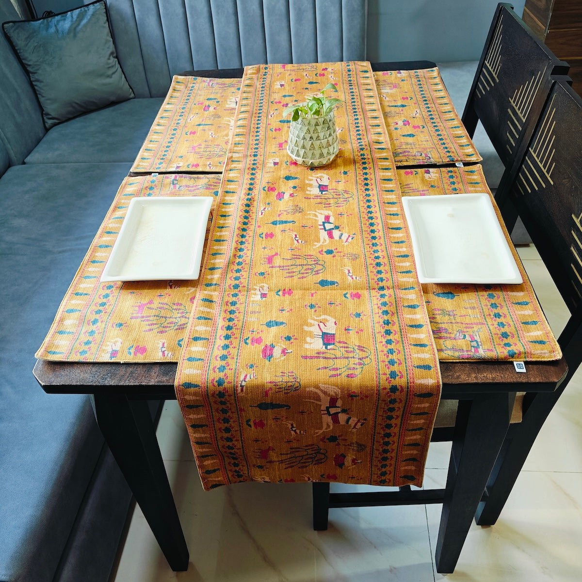 Decorative Design Printed Dull Mustard Polyester Table Runner 6 Seater Size 14"X72"