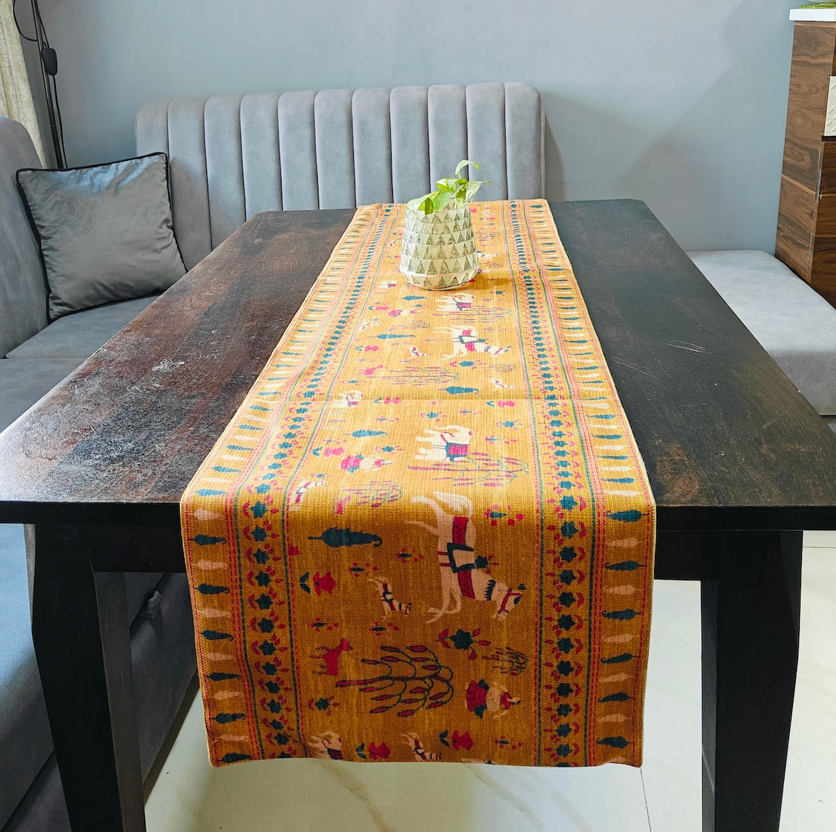 Decorative Design Printed Dull Mustard Polyester Table Runner 6 Seater Size 14"X72"