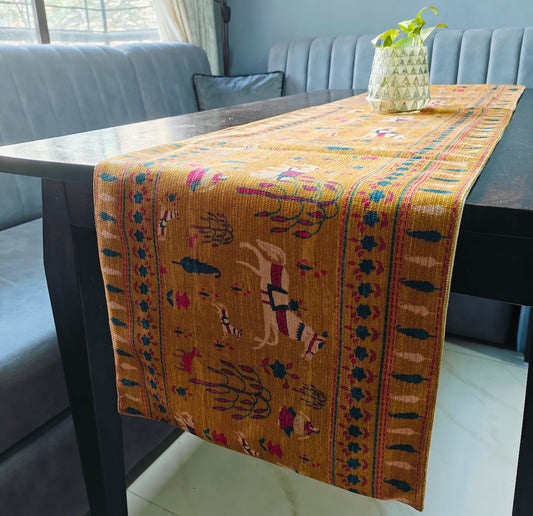 Decorative Design Printed Dull Mustard Polyester Table Runner 6 Seater Size 14"X72"