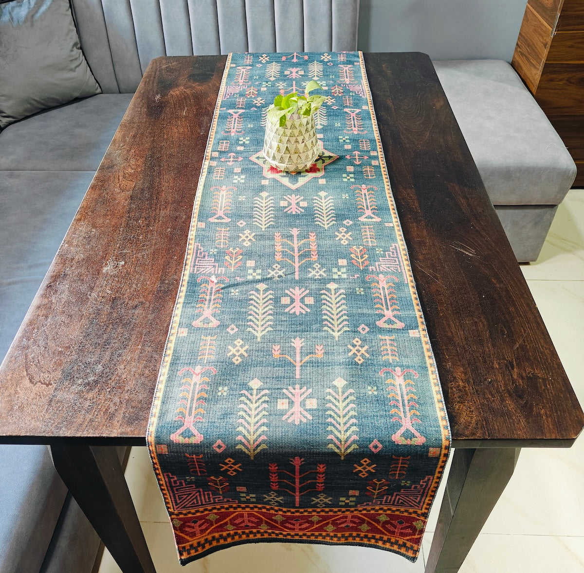 Decorative Printed Denim Blue Polyester Table Runner 6 Seater Size 14"X72"
