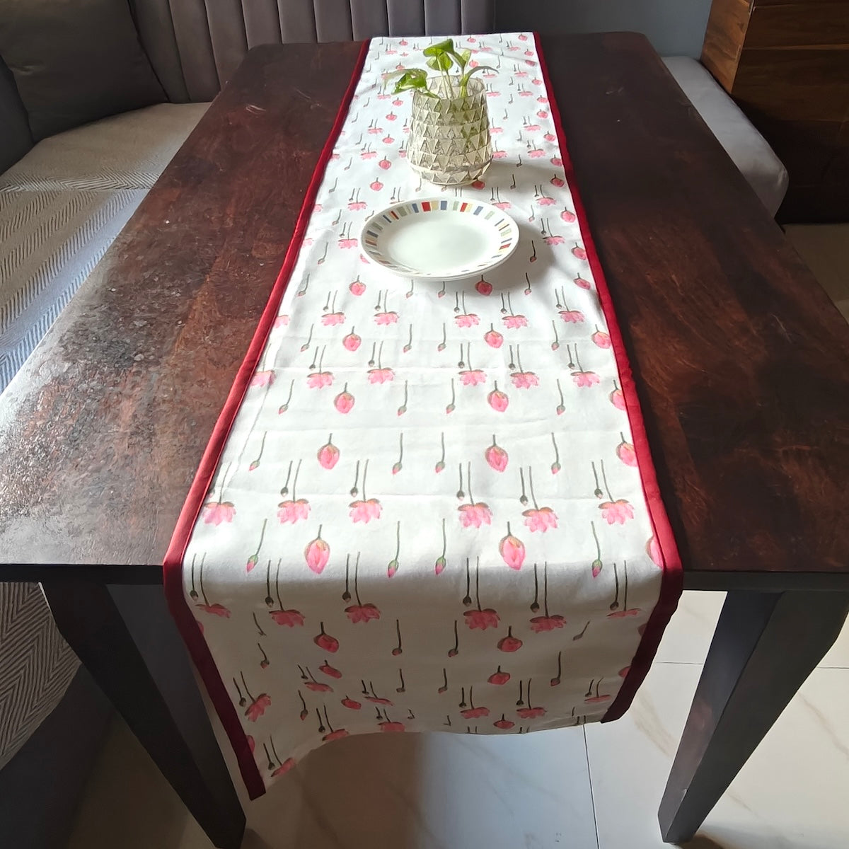 Pichwai Petal Bliss Printed White Pink Polyester Canvas Table Runner 4 Seater Size 13"x72"