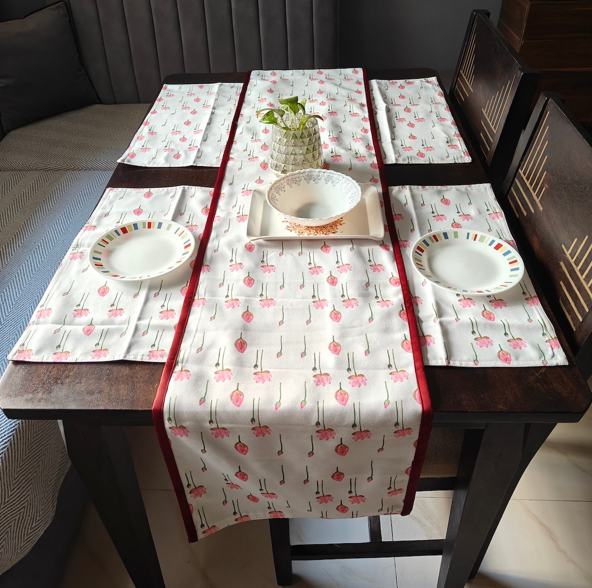 Pichwai Petal Bliss Printed White Pink Polyester Canvas Table Runner 4 Seater Size 13"x72"