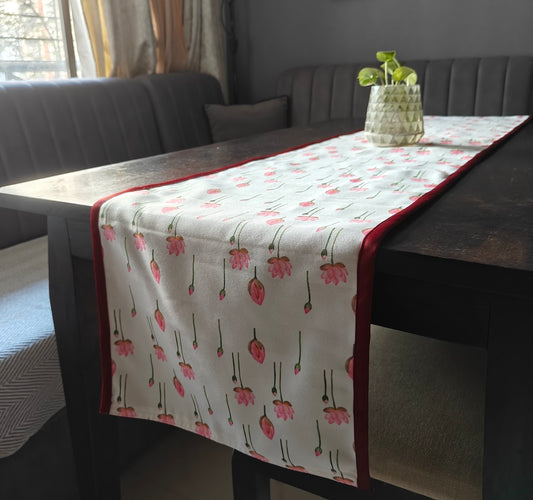 Pichwai Petal Bliss Printed White Pink Polyester Canvas Table Runner 4 Seater Size 13"x72"