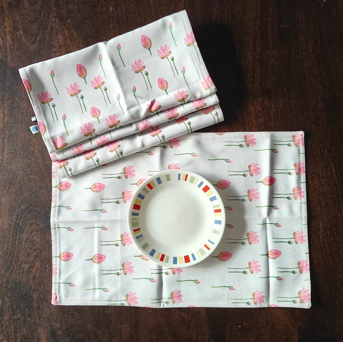 Pichwai Petal Bliss Printed White Pink Polyester Canvas Table Runner 4 Seater Size 13"x72"