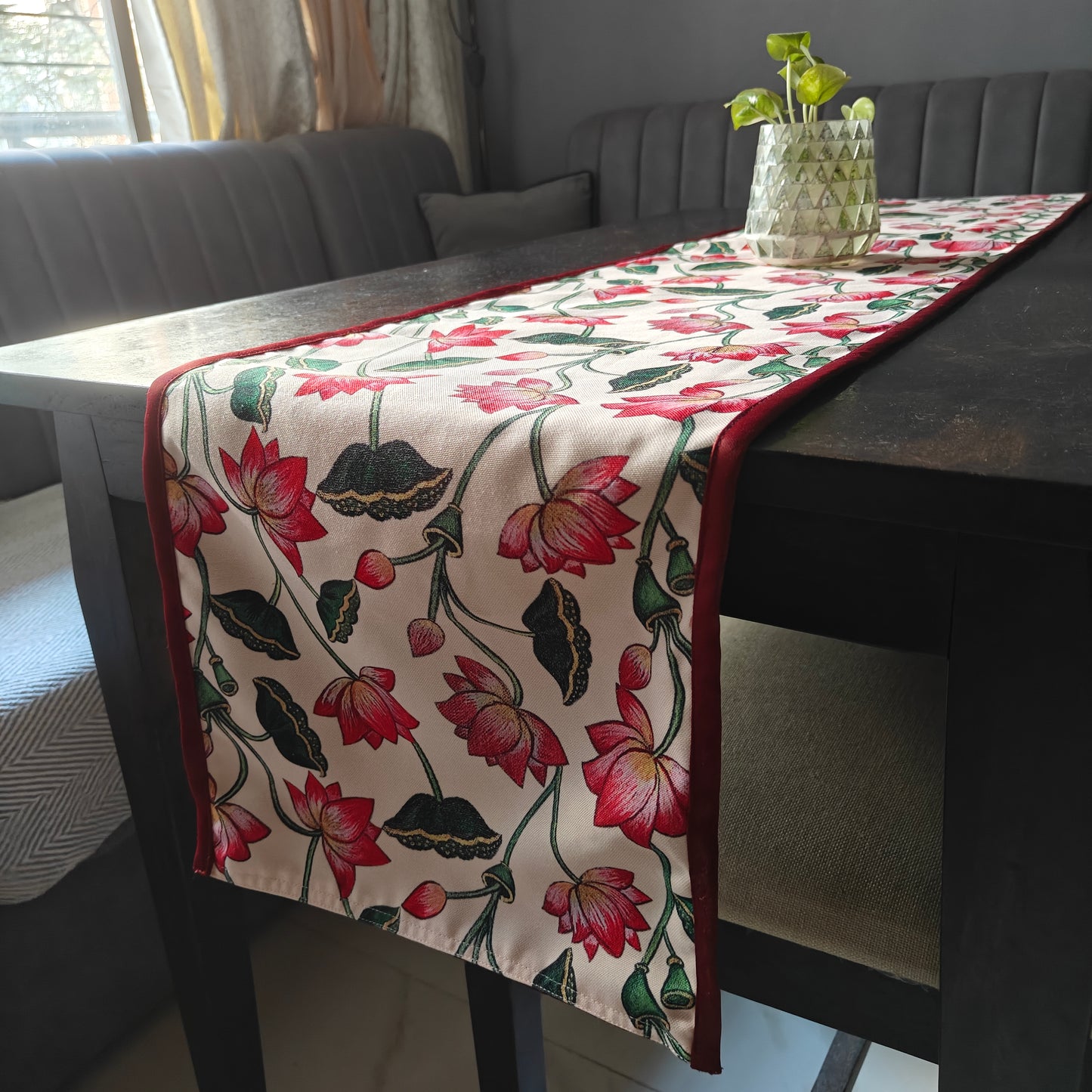 Pichwai Serenity Lotus Printed Cream Polyester Canvas Table Runner 4 Seater Size 13"x72"