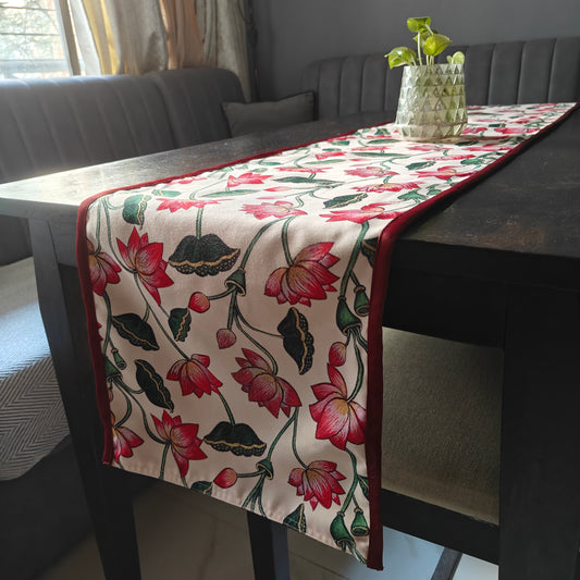 Pichwai Serenity Lotus Printed Cream Polyester Canvas Table Runner 4 Seater Size 13"x72"