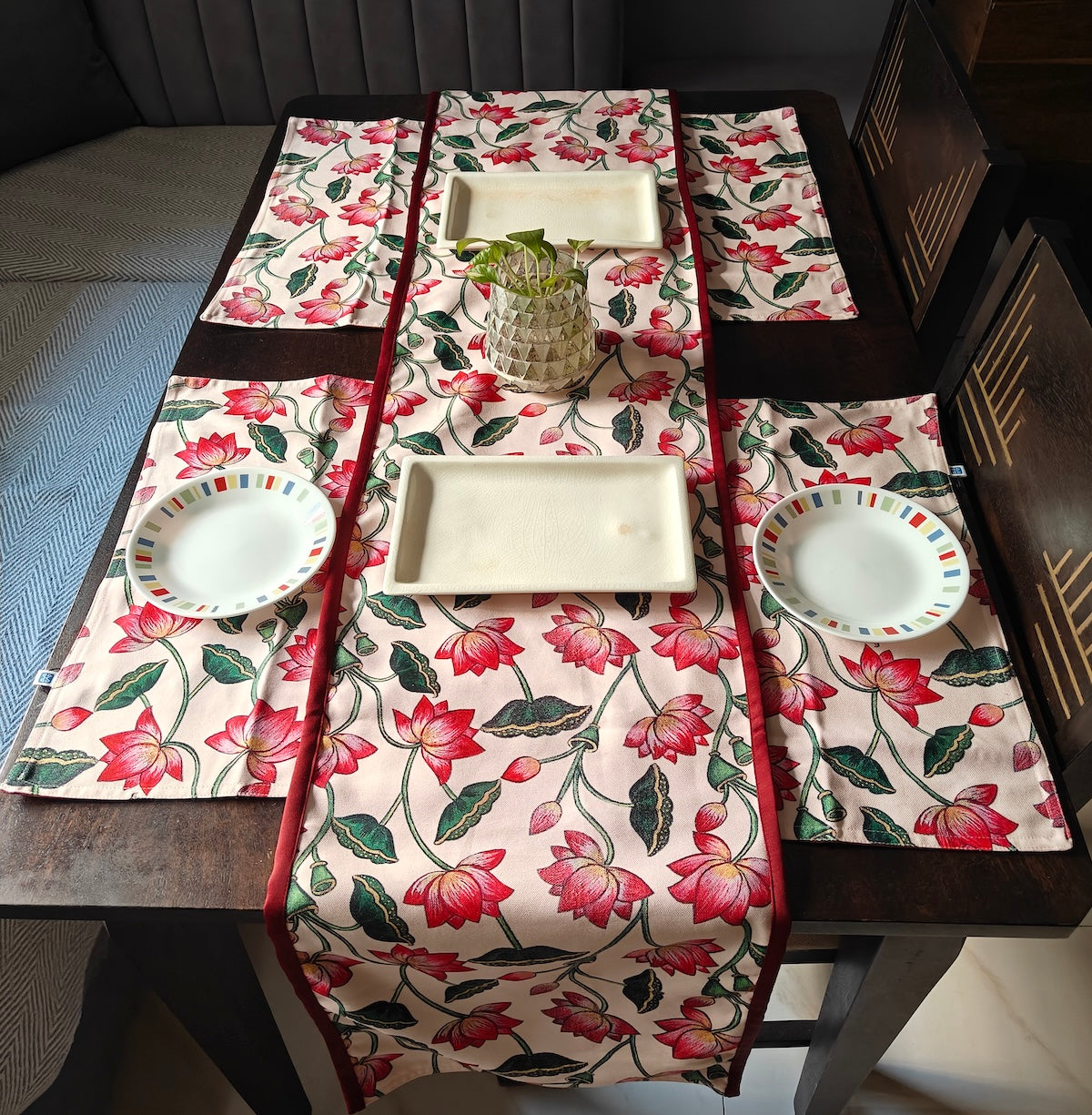 Pichwai Serenity Lotus Printed Cream Polyester Canvas Table Runner 4 Seater Size 13"x72"