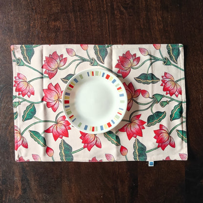 Pichwai Serenity Lotus Printed Cream Polyester Canvas Table Runner 4 Seater Size 13"x72"