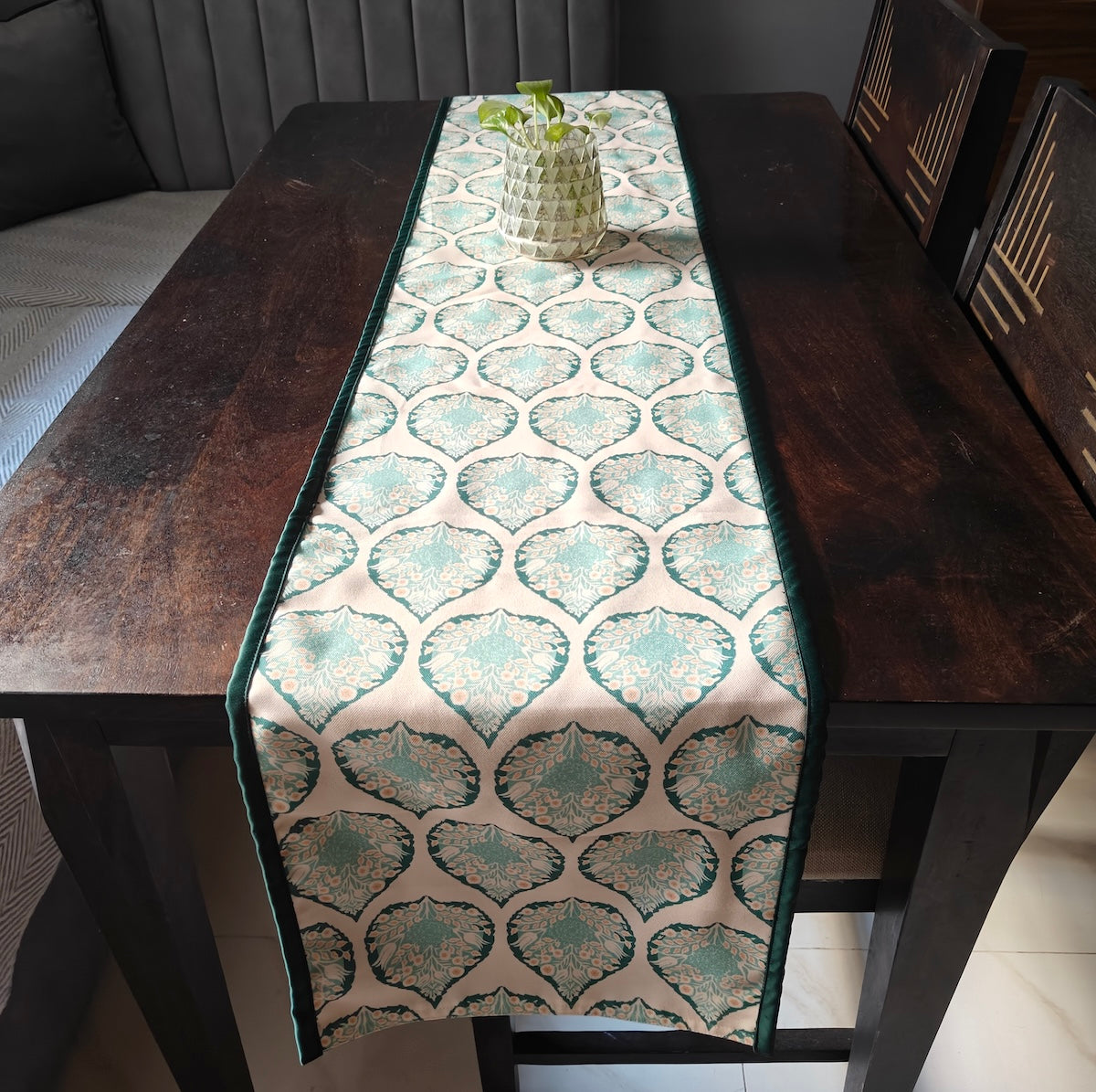 Pan Magic Printed Cream Green Polyester Canvas Table Runner 4 Seater Size 13"x72"