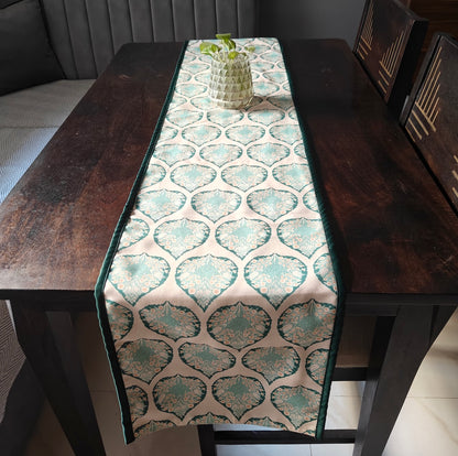 Pan Magic Printed Cream Green Polyester Canvas Table Runner 4 Seater Size 13"x72"