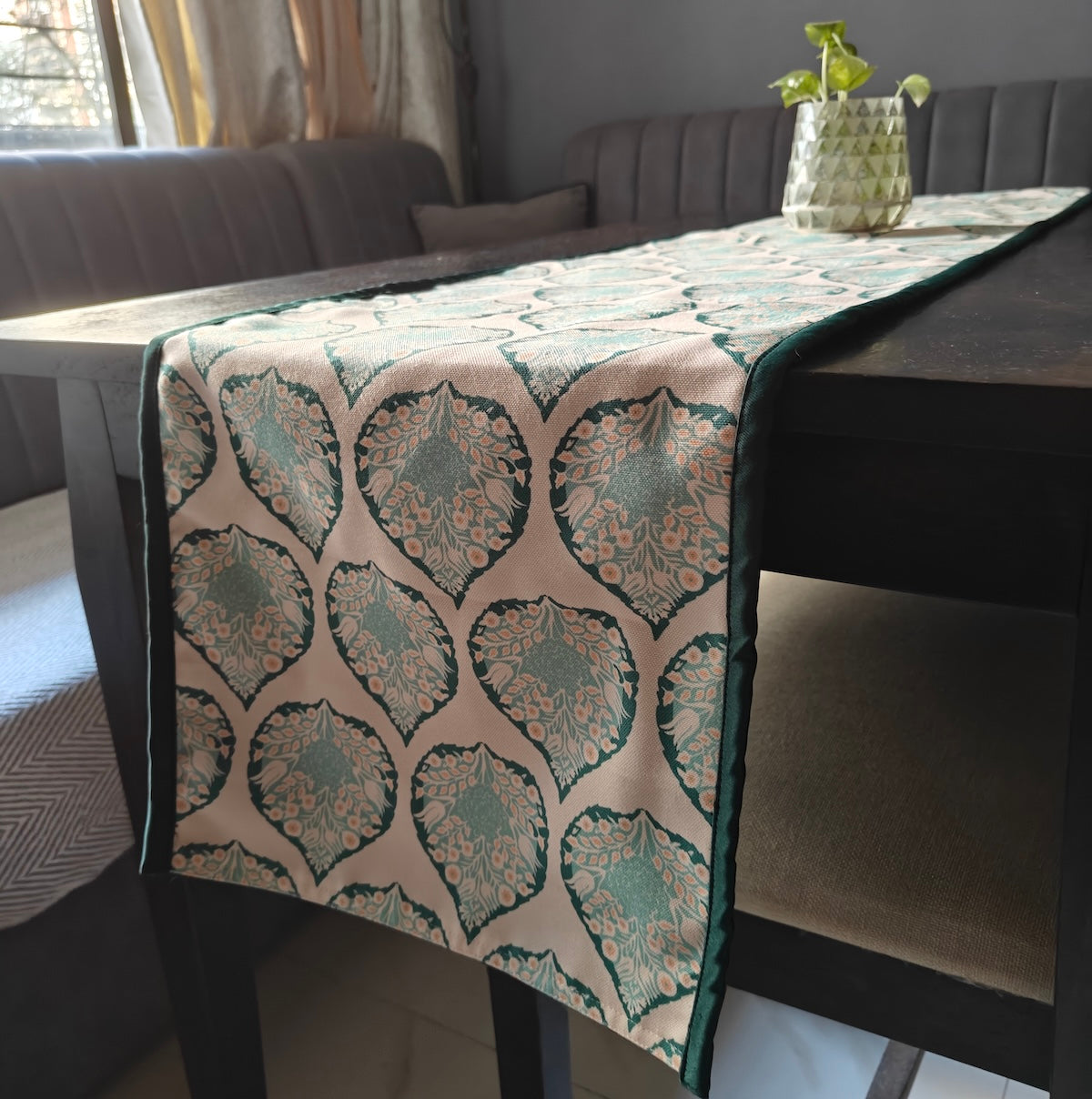 Pan Magic Printed Cream Green Polyester Canvas Table Runner 4 Seater Size 13"x72"