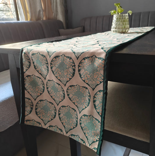 Pan Magic Printed Cream Green Polyester Canvas Table Runner 4 Seater Size 13"x72"