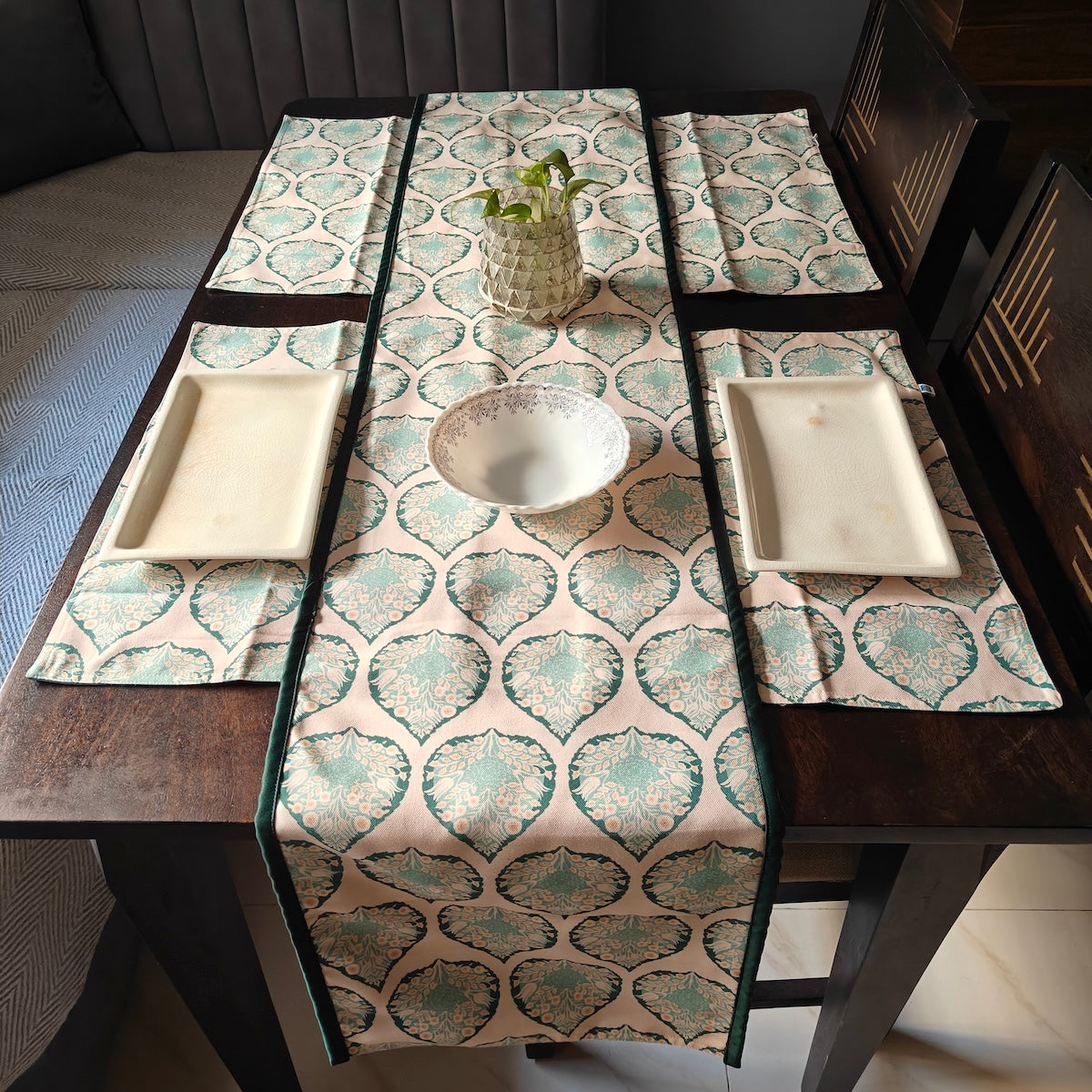 Pan Magic Printed Cream Green Polyester Canvas Table Runner 4 Seater Size 13"x72"