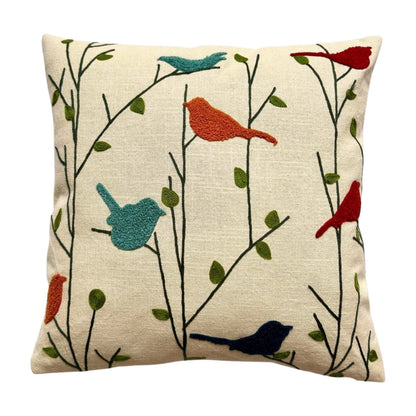 Hand Embroidery Chrupy Birds Cream Cotton Slub Cushion Cover Size 16"x16"