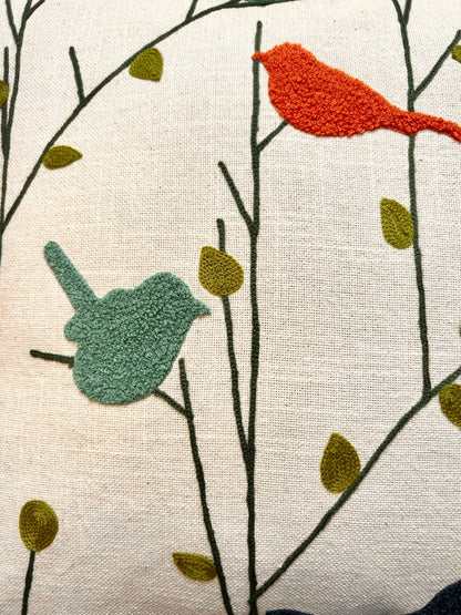 Hand Embroidery Chrupy Birds Cream Cotton Slub Cushion Cover Size 16"x16"