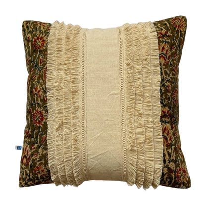 Kalamkari Edges Fringes Mix and Match Designer Cream Cotton Slub Cushion Cover Size 16"x16" Set of 2