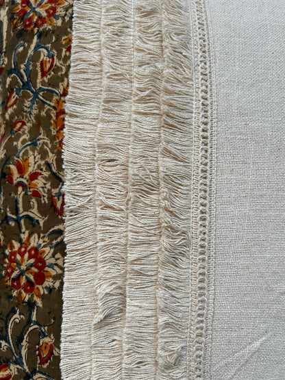 Kalamkari Edges Fringes Mix and Match Designer Cream Cotton Slub Cushion Cover Size 16"x16" Set of 2