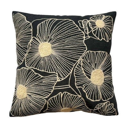 Hand Embroirdery Monochrome Floral Bloom Grey Cotton Cushion Cover Size 16"x16"