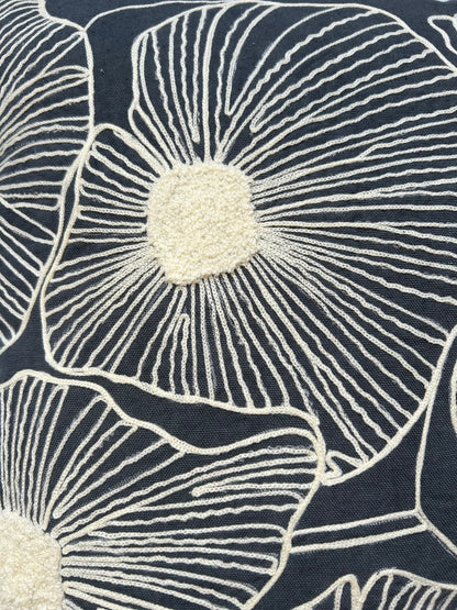 Hand Embroirdery Monochrome Floral Bloom Grey Cotton Cushion Cover Size 16"x16"