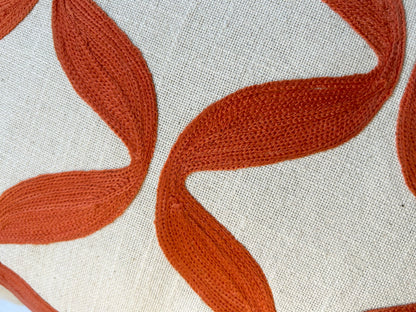 Hand Embroidery Petal Bright Orange Cream Cotton Slub Cushion Cover Size 16"x16"