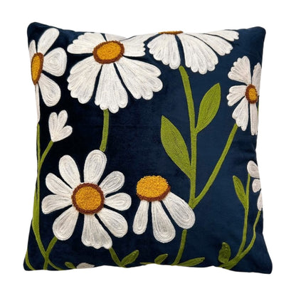 Hand Embroidery White Flower Glow Navy Blue Silk Velvet Cushion Cover Size 16"x16" Set of 2