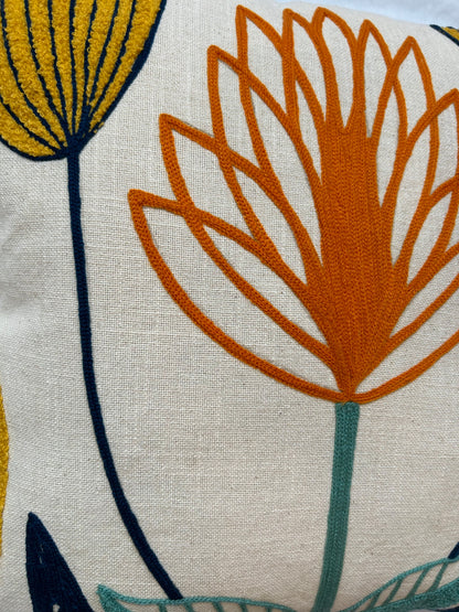 Hand Embroidery Spring Halo Cream Cotton Slub Cushion Cover Size 16"x16"