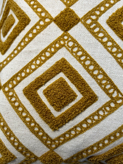 Hand Embroidery Aztec Diamonds Mustard Cotton Slub Cushion Cover Size 16"x16"