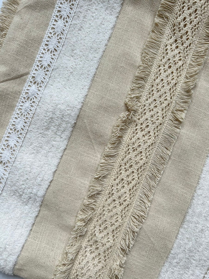 Crochet Lace Fringes Designer Cream Cotton Slub Cushion Cover Size 16"x16" Set of 2