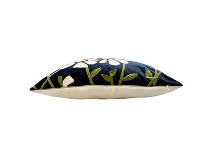 Hand Embroidery White Flower Glow Navy Blue Silk Velvet Cushion Cover Size 16"x16" Set of 2