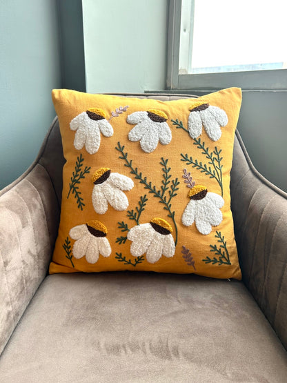 Hand Embroidery Sunshine Aster Mustard Cotton Cushion Cover Size 16"x16" Set of 2