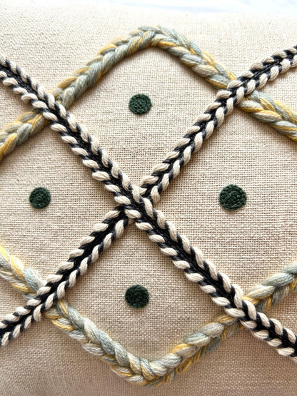 Hand Embroidery Interlace Design Cream Cotton Slub Lumbar Cushion Cover Size 12"x 20"