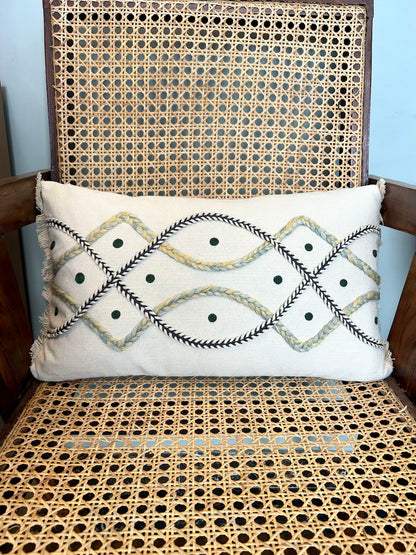 Hand Embroidery Interlace Design Cream Cotton Slub Lumbar Cushion Cover Size 12"x 20"