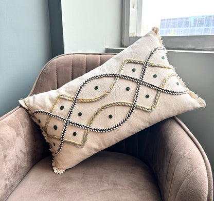 Hand Embroidery Interlace Design Cream Cotton Slub Lumbar Cushion Cover Size 12"x 20"