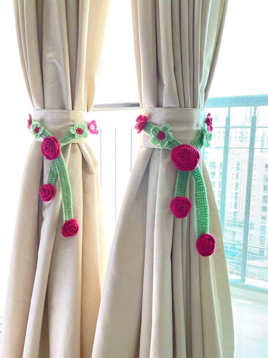 Hand Crafted Crochet Curtain Tiebacks Danglers Dk. Pink