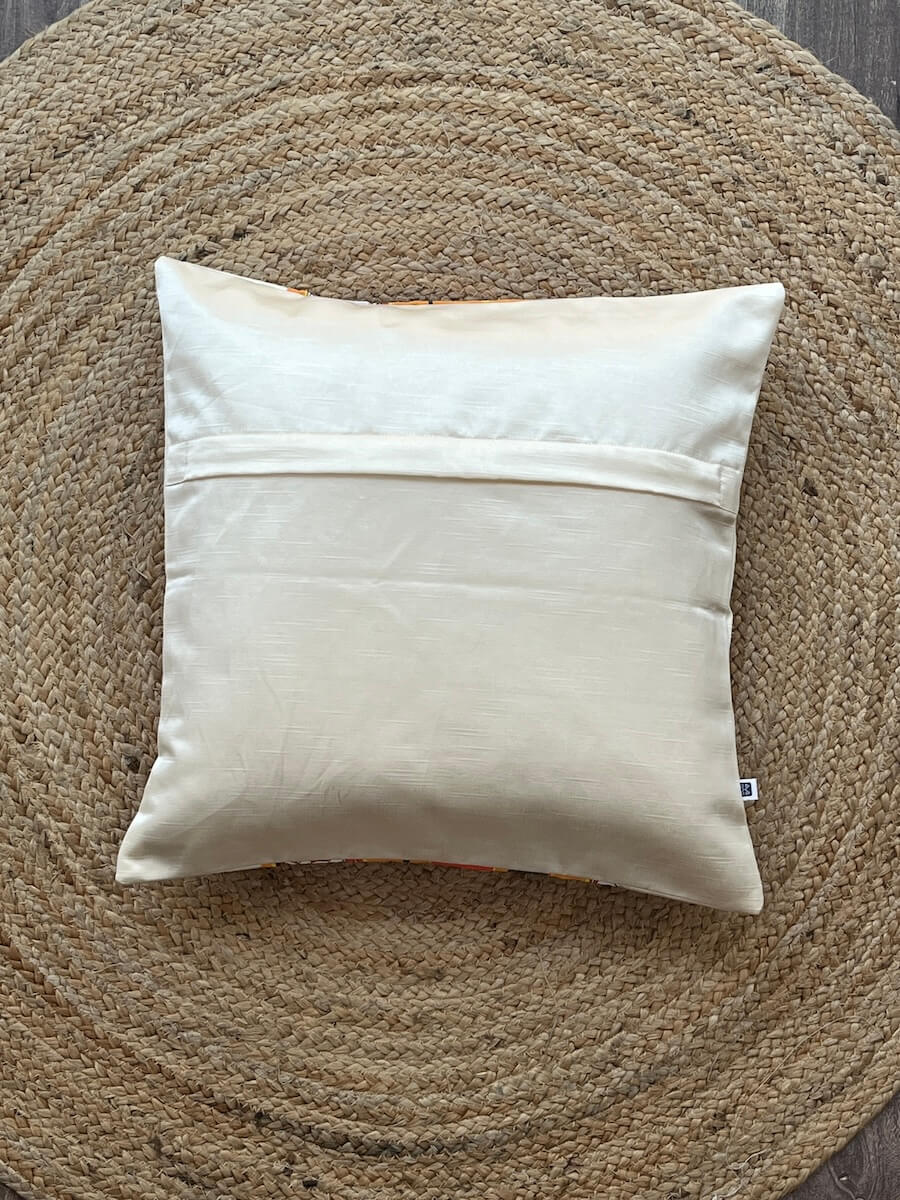 Pichwai Art Cushion Cover - Mustard & Off-White | Satin Fabric | 16" x 16"