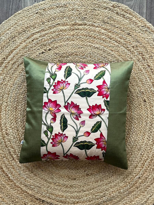 Pichwai Art Cushion Cover - Pink and Green | Premium Satin Modal Fabric | 16" x 16"