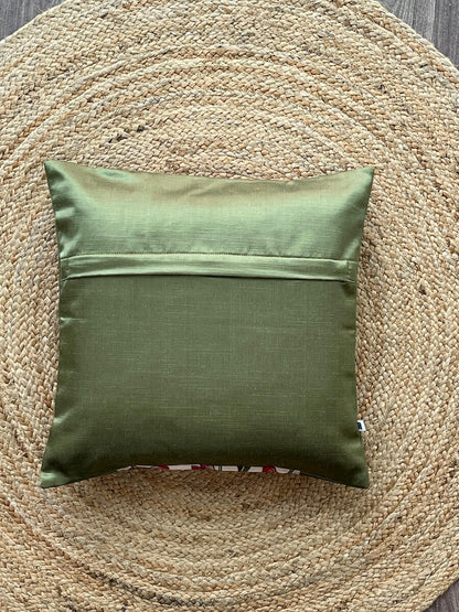 Pichwai Art Cushion Cover - Pink and Green | Premium Satin Modal Fabric | 16" x 16"