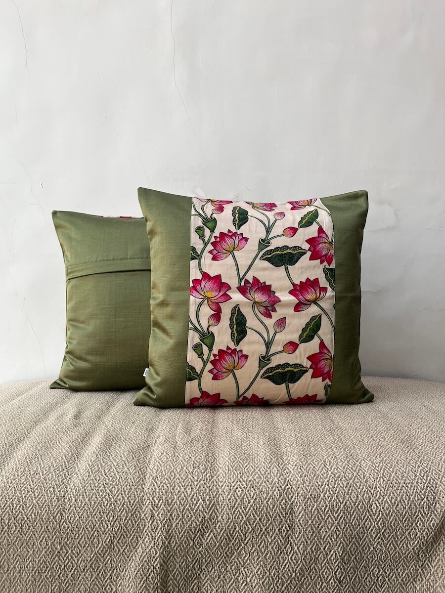 Pichwai Art Cushion Cover - Pink and Green | Premium Satin Modal Fabric | 16" x 16"