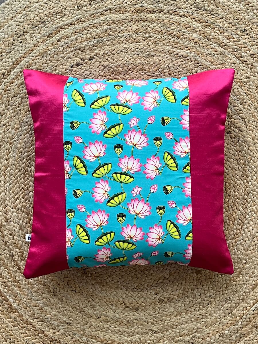 Pichwai Art Lotus Motif Cushion Cover - Blue & Pink | Satin Fabric | 16" x 16"